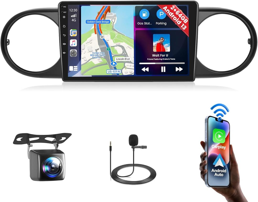 for Toyota Scion xB 2007-2019 Fuluku 2+64G Android 13 Car Stereo with Wireless Carplay Android Auto Mirror Link, 9Touchscreen Radio WiFi/GPS/FM/RDS/Bluetooth/SWC/Waterproof Night Backup Cam Mic