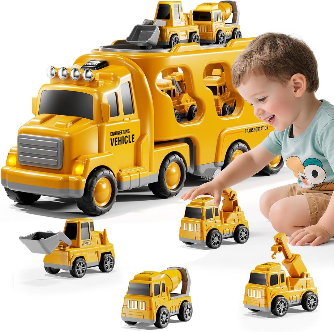 Construction Truck Toys Set for Kids Aged 1 2 3 4 5 6 7 8, Truck Playset with Toy Car, Light and Sound, Movable Parts Construction Toys for Toddlers, Birthday Gifts for Boys Girls 2-4 4-7
