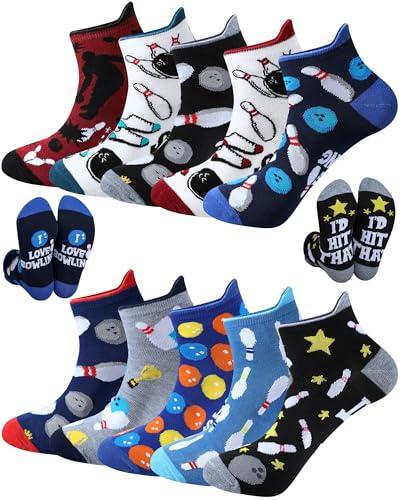 Haysandy 10 Pairs Funny Bowling Socks for Men Novelty Bowling Theme Ankle Socks Bulk Fun Low Cut Sports Gift for Bowlers Lover Dad Father Coworker Staff Boss