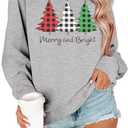 Merry and Bright Sweatshirts Women Funny Leopard Printed Plaid Christmas Trees Long Sleeve Shirt Xmas Graphic Pullover Tops (Gray, L)