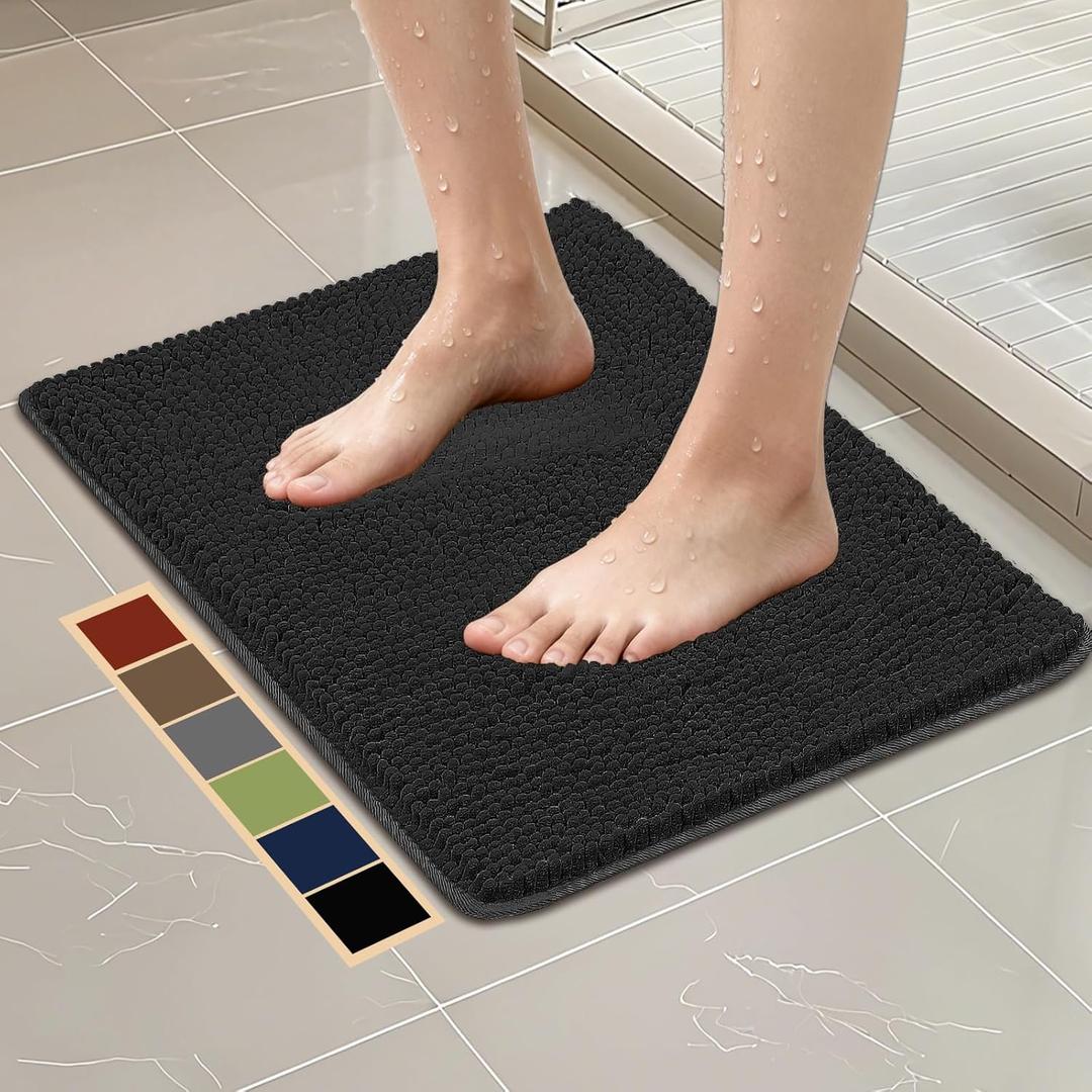 Bcoimo 24"17" Chenille Bath Mat  Non-Slip with Backing Bath Rug Ultra-Absorbent and Machine Washable Bathroom Mat Quick-Dry Design. Ideal for Bathroom Shower and Tub Areas (Black)