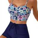 Herseas High Waisted Bikini Sets for Women Floral Print Two Piece Tummy Control Swimsuits Drawstring Short Bathing Suit (Blue, L)