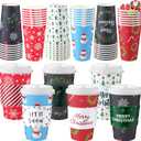 JOYIN 48 Pcs Christmas Paper Cups Disposable with Sleeves and Lids, 6 Designs 16 oz Xmas Drinking Paper Cups and Sleeves for Hot Chocolate Coffee Cold Beverage Holiday Tableware Winter Party Supplies