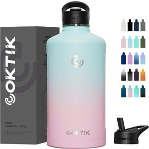 COKTIK 128 oz/One Gallon Water Bottle Insulated, Double Walled Vacumm Metal Stainless Steel Sports Water Bottle with Reusable 2 Lids for Sports, Gym, Fitness or Office, (Bubble Gum)