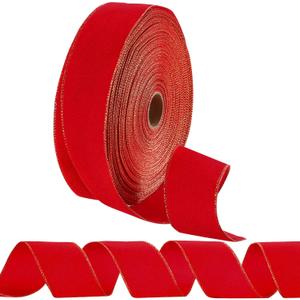 Syhood 2.5 Inch, 60 Yard Christmas Red Velvet Ribbon with Gold Edge, Wired Ribbon Waterproof Velvet Decoration Wrapping for Xmas Tree Wreath Bows Floral DIY Craft Ornaments