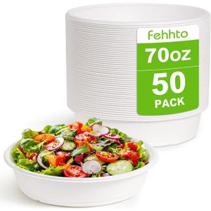 50-Pack 70oz Extra Large Disposable Paper Salad Bowls, Heavy Duty Sugarcane Fiber Paper Serving Bowls for Pasta, Soup & Party Sharing, Microwave Safe