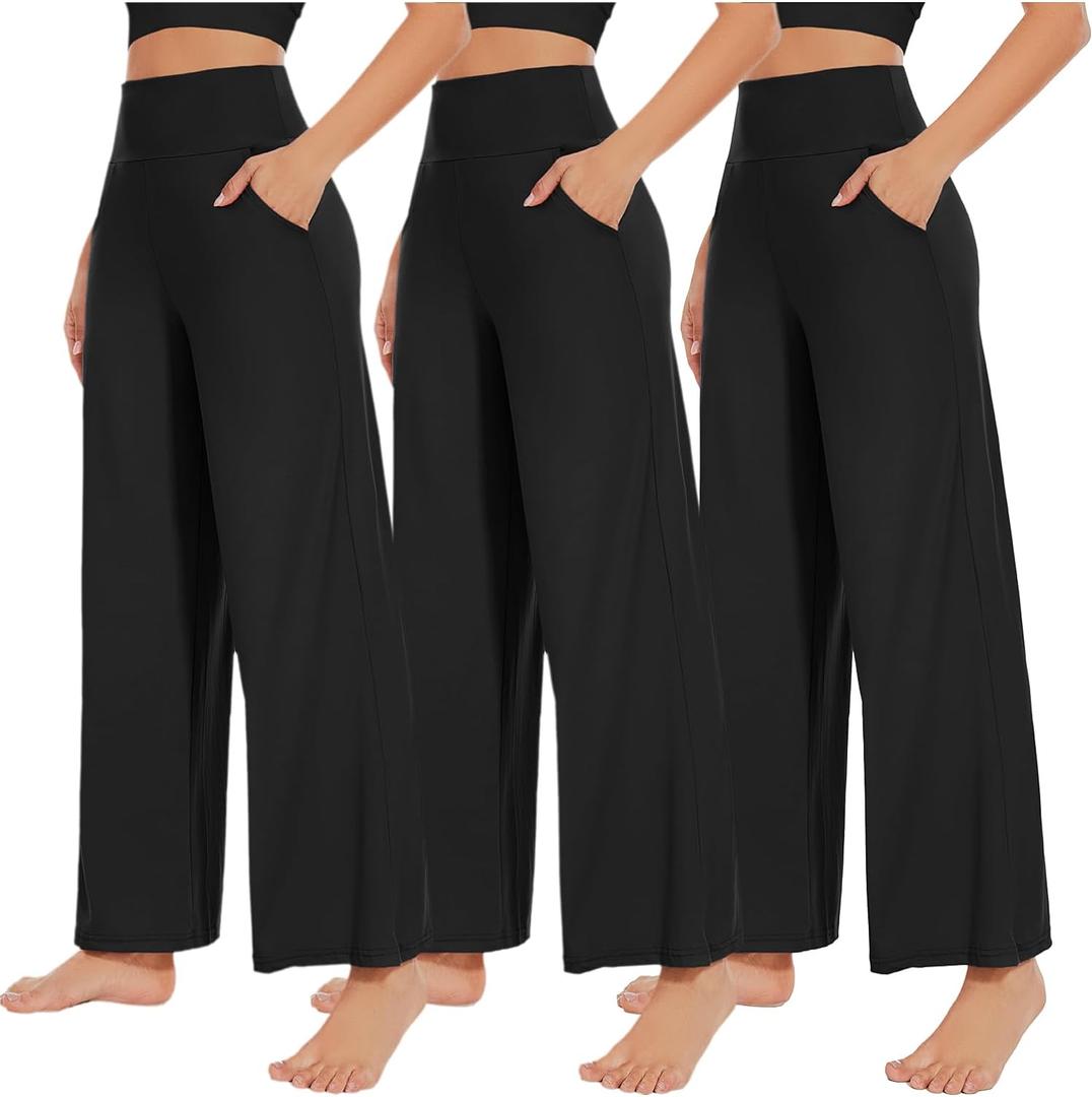 NEW YOUNG 3 Pack Women's Wide Leg Pants with Pockets High Waist Loose Sweatpants Casual Lounge Yoga Workout Palazzo (Medium, Black)