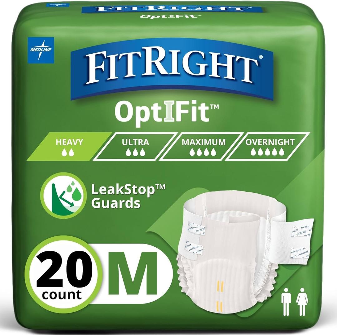 FitRight Adult Diapers, Extra+ Heavy Absorbency, M (Waist Size 32in-44in), 20 Count, OptiFit Incontinence Briefs for Men and Women, Disposable, Moisture-Wicking, Leak Protection,