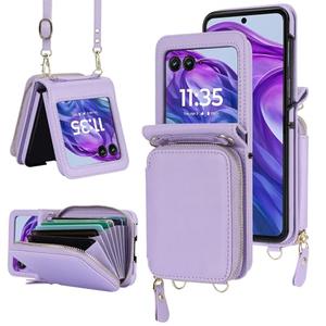 Asuwish Phone Case for Motorola Razr Plus 2025/Moto Razr 60 Ultra Wallet Cover with Credit Card Holder Zipper Crossbody Strap Lanyard RFID Blocking Purse Cell RazrPlus Plus2025 + 5G Women Girls Purple