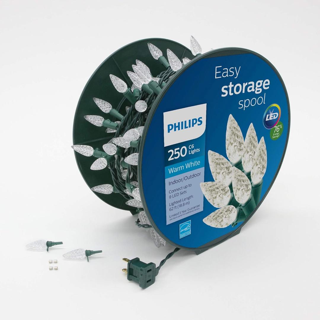 Philips 250 LED Warm White Faceted C6 Lights on Easy Storage Spool