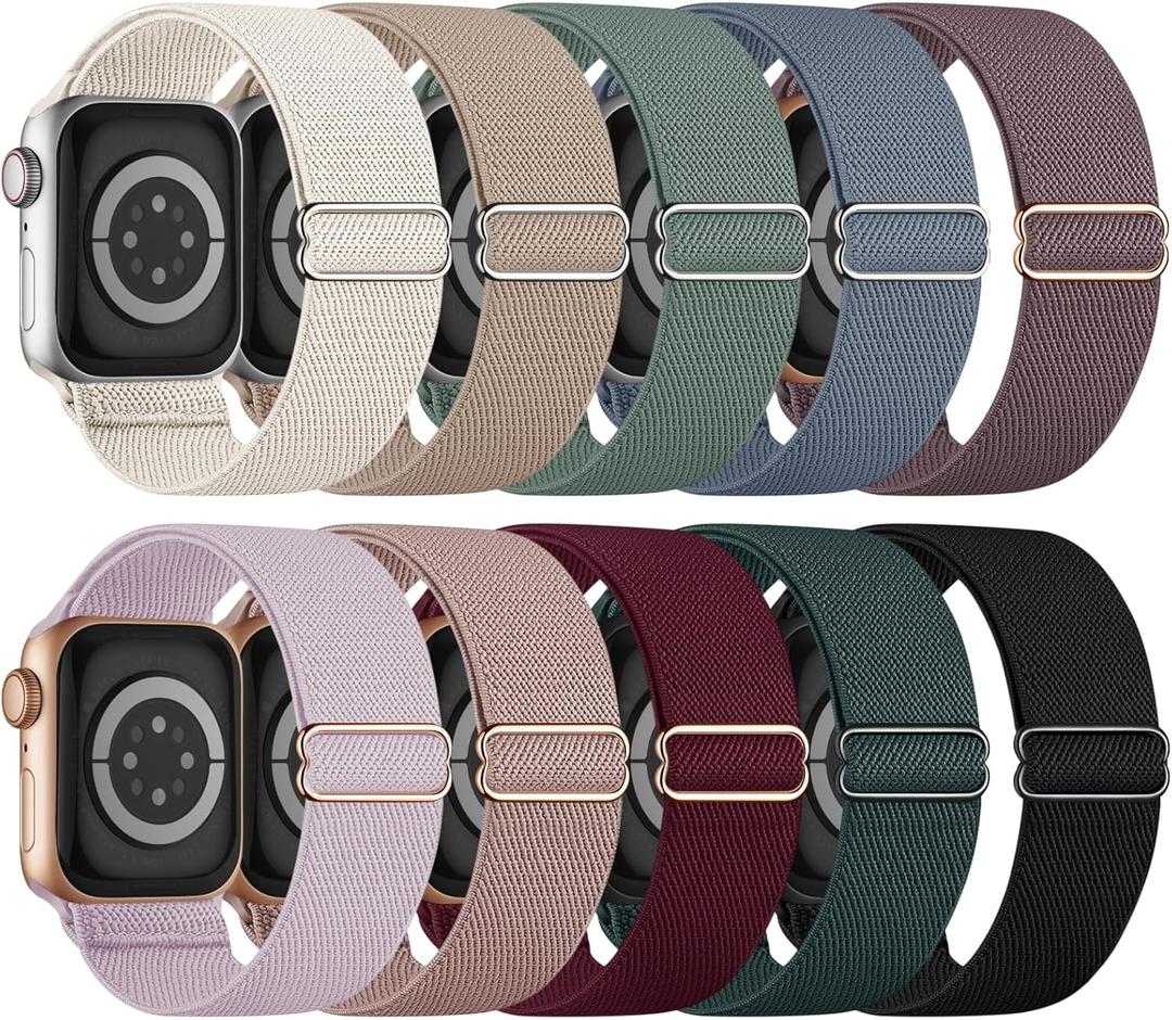 10 Pack Stretchy Bands Compatible with Apple Watch Band, Women Men, Water-Resistant Solo Loop Elastic Sport Straps for iWatch, Size: 44mm/45mm/46mm/49mm/Series 3 42mm (Black/Pink/Starlight/Milk Tea/Cactus/Smoke Violet/Blue Gray/Lavender/Wine/Deep Green)