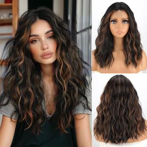 MISSQUEEN Black Highlight Wig 18 Inch Short Wavy Wigs for Women Middle Part Synthetic Curly Heat Resistant Fiber Wigs for Everyday Hairstyle Cosplay Party Halloween Use