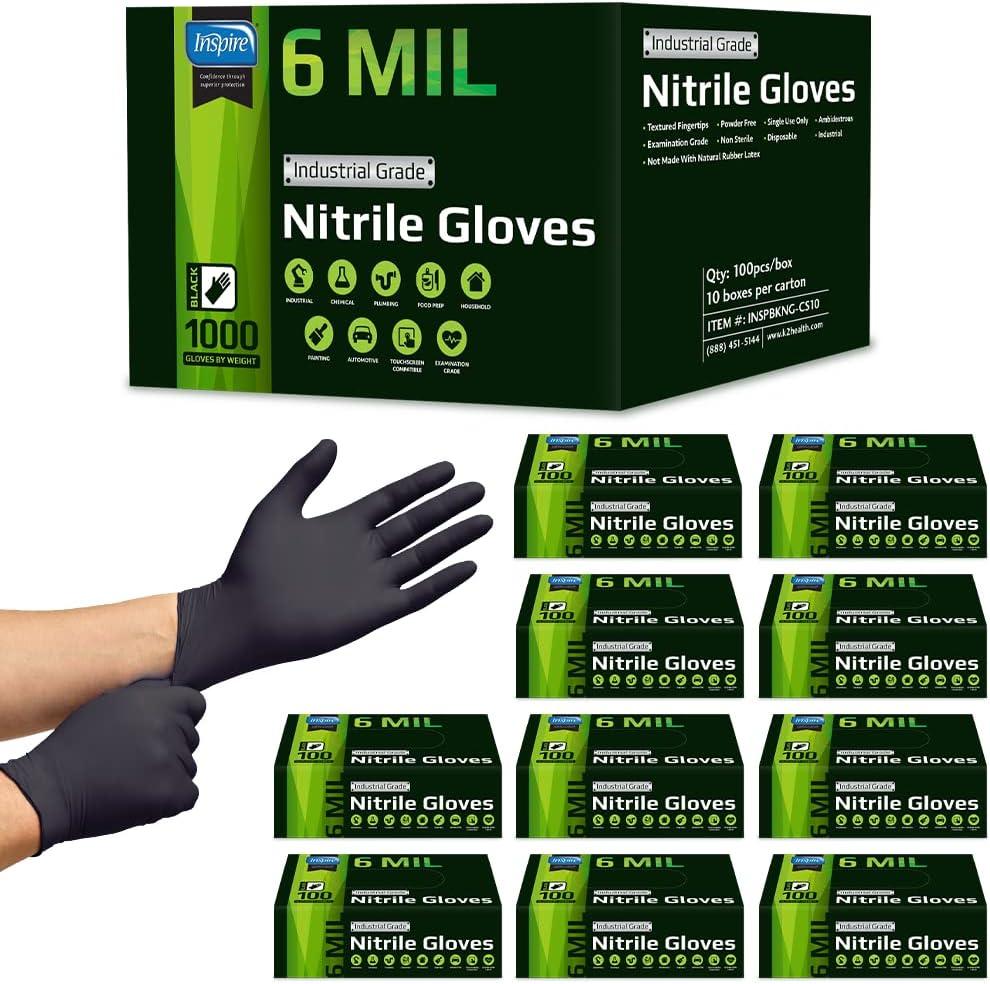 Inspire HEAVY DUTY 6Mil ORIGINAL Quality Stretch Nitrile Black Gloves Disposable Latex Free, Medical, Food, Mechanic Tattoo (Medium)