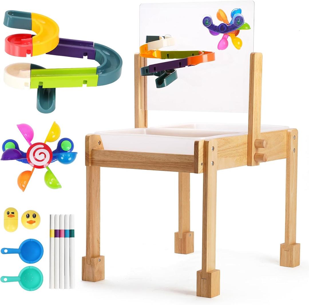 Sand and Water Table for Todders, Wooden Sensory Table with Waterproof Cover 2 Storage Bins Painting Acrylic Board,5 Markers Water Slide Track & Windmill Toys Indoor Outdoor Play Table