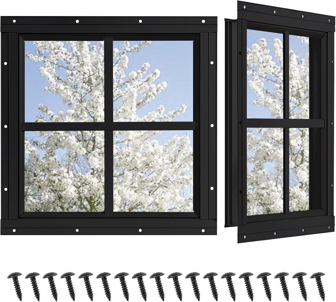 Shed Windows 2 Pack, Chicken Coop Windows 18" x 18" with Tempered Glass, Square Gable Flush Mounted Small Window for Shed, Playhouse, Household, Garage (Black)