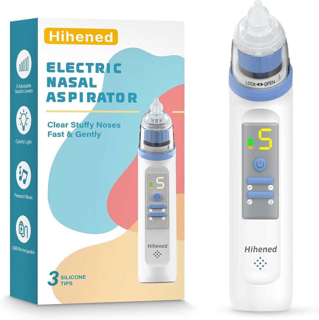 Electric Nasal Aspirator for Baby, Nose Aspirator for Toddlers, Rechargeable Baby Nose Sucker, Nose Cleaner with 3 Silicone Tips, 5 Suction Levels, Music and Light Soothing Function Blue