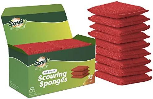 SCRUBIT Multi-Purpose Dish Scrub Sponge, Non Scratch Scouring Pads, Cleaning Sponges for pots, Dishes & Non-Stick Cookware - Pot Scrubber Sponges for Kitchen & Bathroom - 12 Pack Dish Sponge (Red)