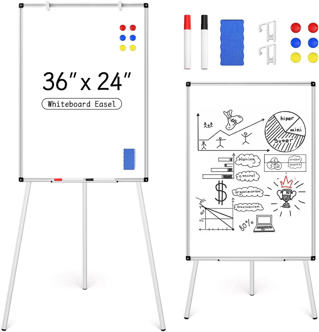 Magnetic Whiteboard Easel Stand, Dry Erase 36 x 24 White Board with Height Adjustable Tripod Stand, 3' x 2' Flipchart Easel Stand Presentation Board, 6 Magnets, 1 Eraser, 2 Pens