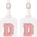 2 Pack Personalized Initial Luggage Tags for Suitcases with Chenille Letter, Cute Leather Luggage Tag Monogrammed Tags for Baggage Bag Travel Gifts for Women Kids Teens(White_D)