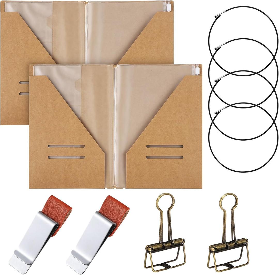 Travelers Journal Notebook Accessories Kit Include Travel Kraft File Folder, Zipper Case, Pen Holder, Binder Clip and Elastic Bands Travel Accessories Supplies(2 Pack,A5 Size)