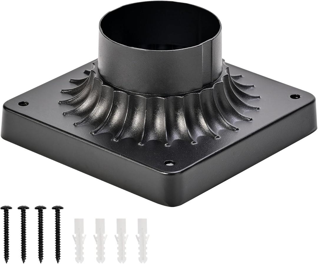 Outdoor Post Light Mounting Base, Pier Mount Base with Matte Black Finish, for Post Lights Only, Fits 3-Inch Diameter Light Posts, for Porch, Deck & Patio, 5.7" X 5.7" X 2.9" With 3" Diameter Fitter