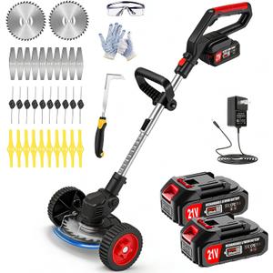21V Electric Cordless Weed Wacker, 4 in 1 Battery Powered Weed Eater Grass Trimmer/Brush Cutter/Weed Trimmer/Edger with 2 Batteries, 4 Types Blades & Wheels, Adjustable String Trimmer for Yard Garden, 35 inches
