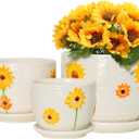 Ton Sin Plant Pots,Set of 3 Ceramic Sunflower Flower Pots for Indoor Plants,4+5+6 inch Pots with Drainage Hole Saucer,Garden Pots Catus Planters