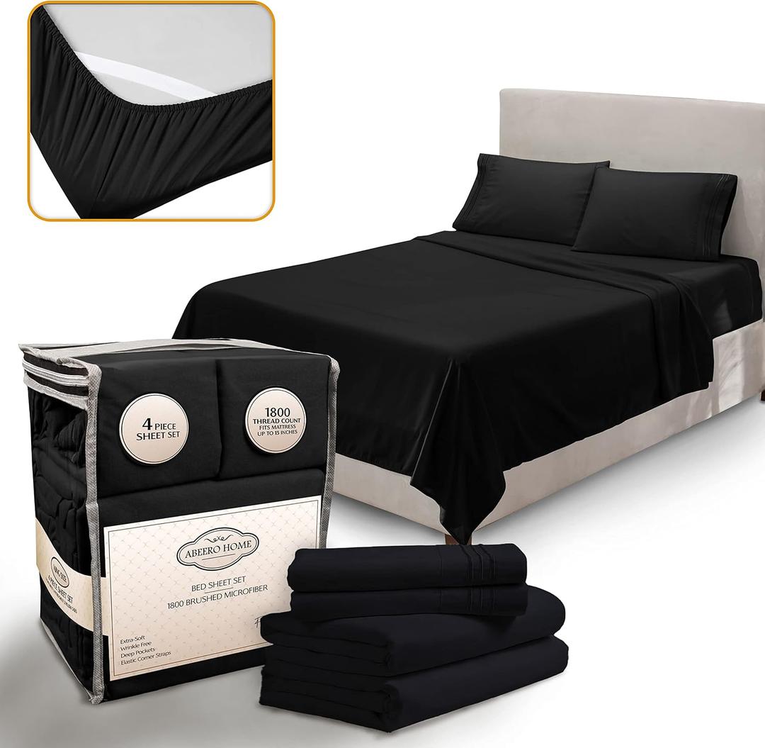 Abeero Home King Size Sheets Set Cooling - Luxury Hotel Sheets - Soft Bed Sheet with Elastic Corner Straps - Deep Pockets Microfiber Bedsheet - Bedding Sheet & Pillowcases - 4 Piece (King, Black)