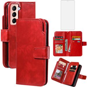 Asuwish Phone Case for Samsung Galaxy S21 5G 6.2 inch Wallet Cover with Tempered Glass Screen Protector Flip Credit Card Holder Slot Stand Purse Folio Pocket Mobile TPU Cell S 21 21S G5 Women Men Red