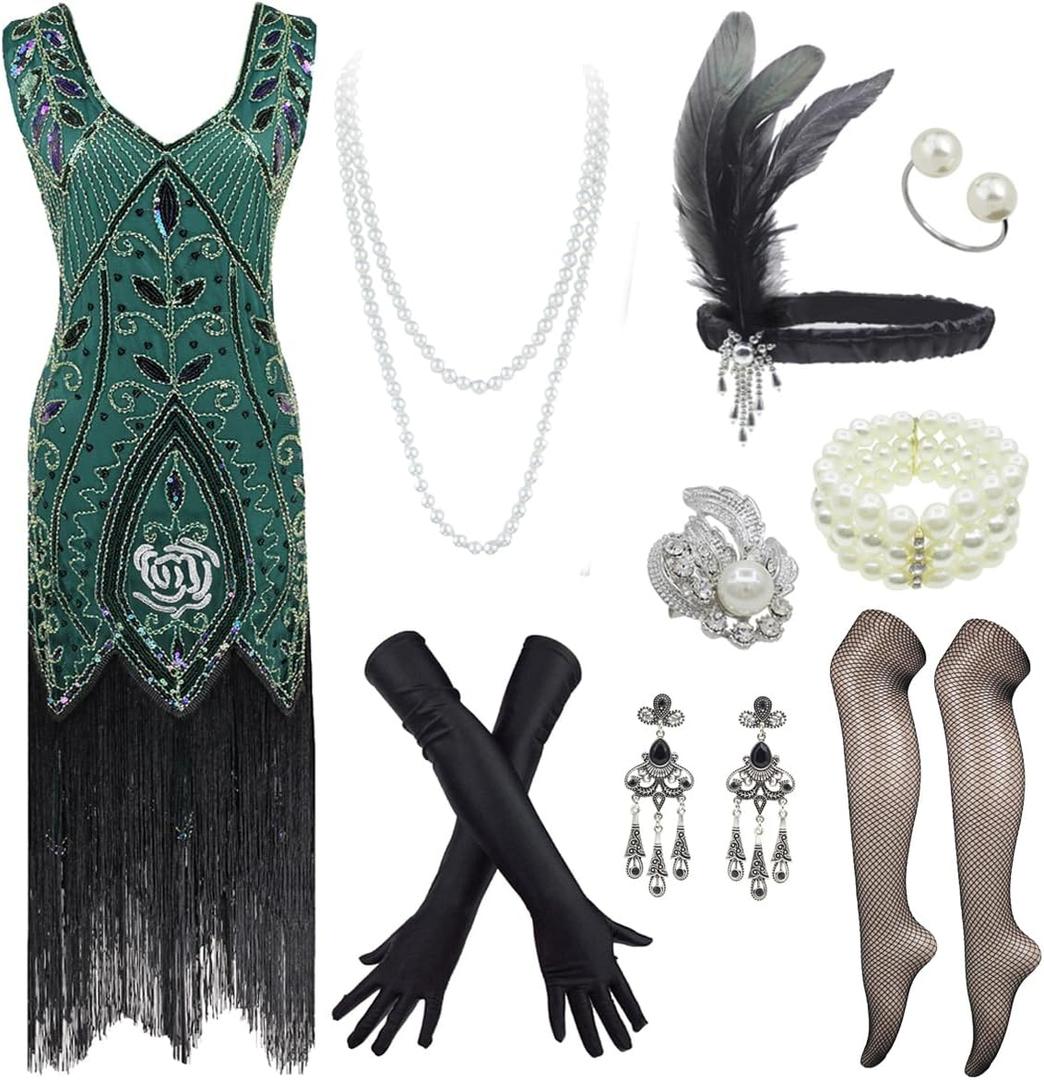 Women's 1920s Art Deco Gatsby Dresses Sequin Fringed Flapper Dresses (Medium)