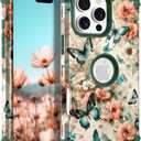 Hocase for iPhone 16 Pro Max Case, Heavy Duty Shockproof Protection Soft Silicone Rubber+Hard Plastic Bumpers Hybrid Protective Case for iPhone 16 Pro Max 2024 - Teal Green Butterflies