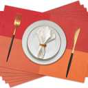 Vinyl Plastic Placemats Set of 6 Washable Heat Resistant Non-Slip Elegant Indoor Outdoor Kitchen Dining PVC Woven Table Place Mats (Orange Red Lattice Block)