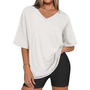 MIROMIHO Oversized Tshirts for Women Vneck Short Sleeve Shirts Casual Summer Tunic Fashion Athletic Plus Size Tops White XL