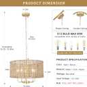5-Light Gold Hand-Woven Rattan Chandelier Large Farmhouse Boho Chandeliers with Wicker Shade Rustic Drum Light Fixtures for Dining Room Kitchen Living Room Foyer Entryway Hallway, E12