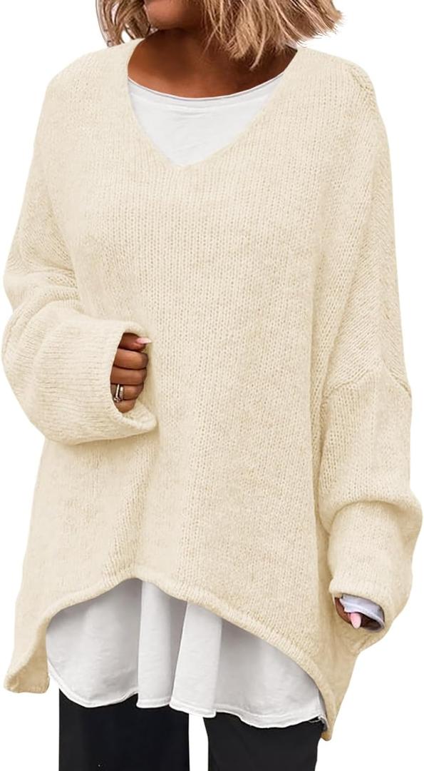 Saodimallsu Womens Oversized V Neck Sweaters Batwing Long Sleeve Knit Fall Slouchy Pullover Sweater Tops (Large, Cream)