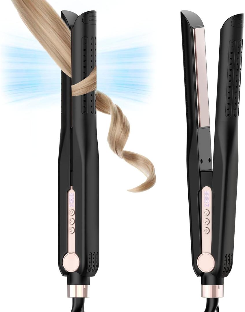 SKIMI Airflow Styler, Titanium Flat Iron Hair Straightener, Professional Curling Iron with Cooling Air Vents to Lock in Style, 5 Temps & Dual Voltage, Auto Off(Black & Pink).