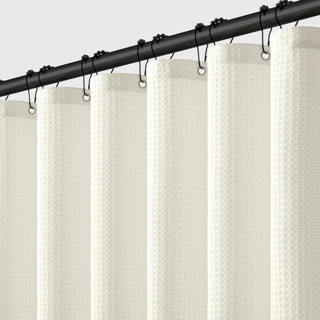 MIULEE Extra Long Waffle Weave Shower Bath Curtain 90 Inch Long with 12 Metal Hooks Modern Washable 260GSM Heavy Fabric Waterproof Thick Cloth Shower Curtains Set for Bathroom Hotel Bathtub, Ivory