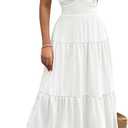 ECOWISH Women's Summer Strapless Maxi Dress 2025 Off Shoulder Hollow Out Smocked A Line Tube Tiered Long Dresses (3447 White) L