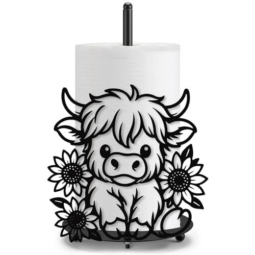 Honeydak Highland Cow Paper Towel Holder Cute Metal Black Kitchen Decor Accessories Large Trendy Tissue Towel Holder Stand for Countertop Kitchen Bathroom Home