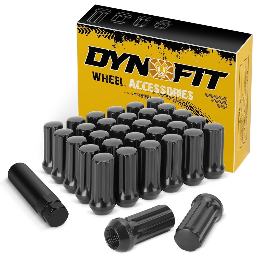 DYNOFIT 14mmx1.5 Wheel Lug Nuts, 32x Black M14x1.5 Lug Nut,Conical/Cone Bulge Seat, Closed End Long Extended XL Spline with 1 Socket Key Fits 8 Lug Aftermarket Wheels (32pcs)