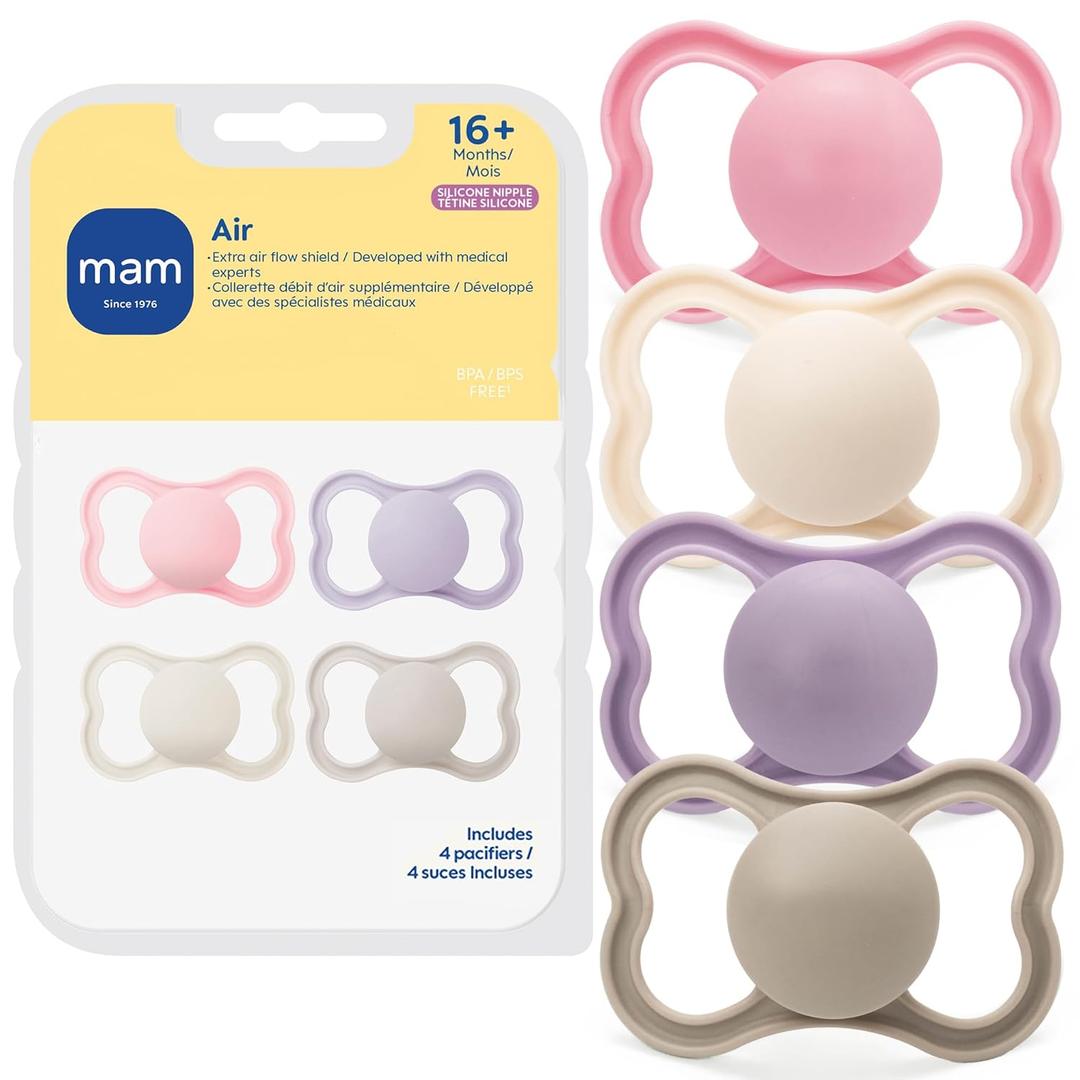 MAM Air Pacifier for Babies 16+ Months, Extra Air Flow for Sensitive Skin, Developed with Medical Experts, BPA-Free Skin Soft Silicone, 4 Pack, Made in Europe