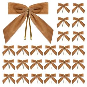 Utehilly 24 Pcs Camel Small Velvet Christmas Bows for Christmas Tree, Wreath, Gift Wrapping, Crafts, Wedding, Party, Twist Tie Bows for Treat Bag Bakery Candy Bags, Home Decor 1" W,3.5 x 3.5 inch