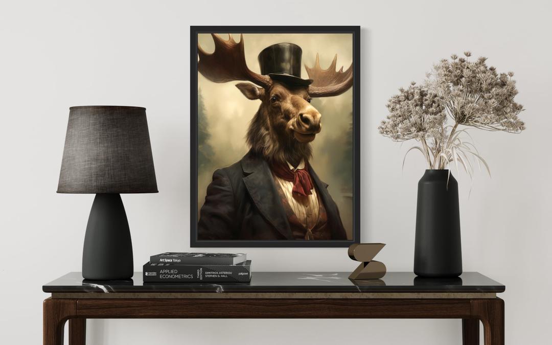 Moose Vintage Portrait Poster Art Print, Classic Animals Wall Decor Home Art for Bedroom, Mancave, Living Room , 14" L x 11" W, Black Frame