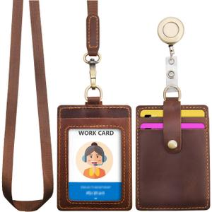 Wonderpool ID Badge Holder Genuine Leather Card Slots Case with Detachable Neck Lanyard and Retractable Badge Reel for Office School Hospital Exhibition ID & Driver Licence (Coffee)