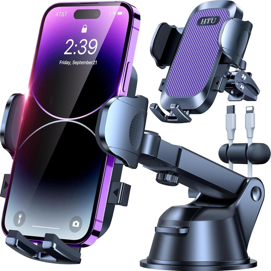 [True Military-Grade] Car Phone Holder2024 Stronger Suction & Clip Universal Cell Phone Holder for Car Mount for Dashboard Windshield Air Vent Long Arm Cell Phone Car Mount Thick Case,Purple