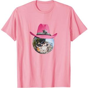 Retro Style Pink Cowboy Hat Club Disco Ball T-Shirt (Pink, XL)