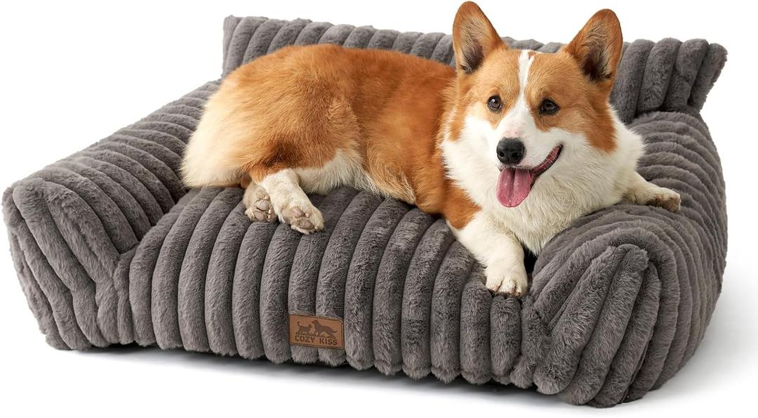 Cute Cat Couch, Fluffy Sofa Bed for Cats and Small Dogs, Premium Faux Rabbit Fur Cats beds for Indoor Cat, Ultra-Soft Supportive Pet Couch Furniture (Grey, M: 31.5''x23.5'')