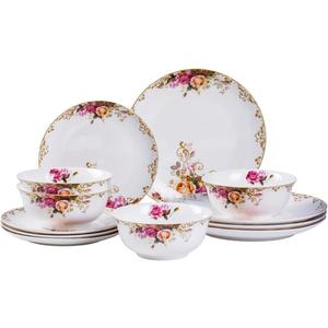 12 Piece Dinnerware Sets for 4, White Porcelain Gold Rim, Formal Dining