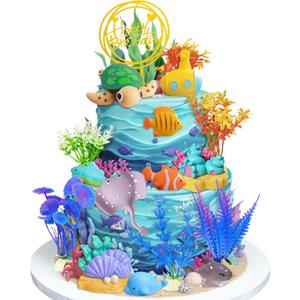 Knana 17Pcs Ocean Animal Cake Toppers Under The Sea Cake Decorations with Sea Turtle Fishing Cake Topper for Under the Sea Birthday Party Supplies