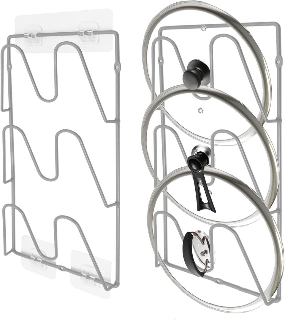 2 Pack Pot Lid Organizer Rack, 6 Tier Hanging Pot Lids Holder Inside Cabinet Door, No Drilling Adhesive Wall Mounted Pan Lid Organizer, Kitchen Cooking Lid Storage Rack for Cupboard (Silver)